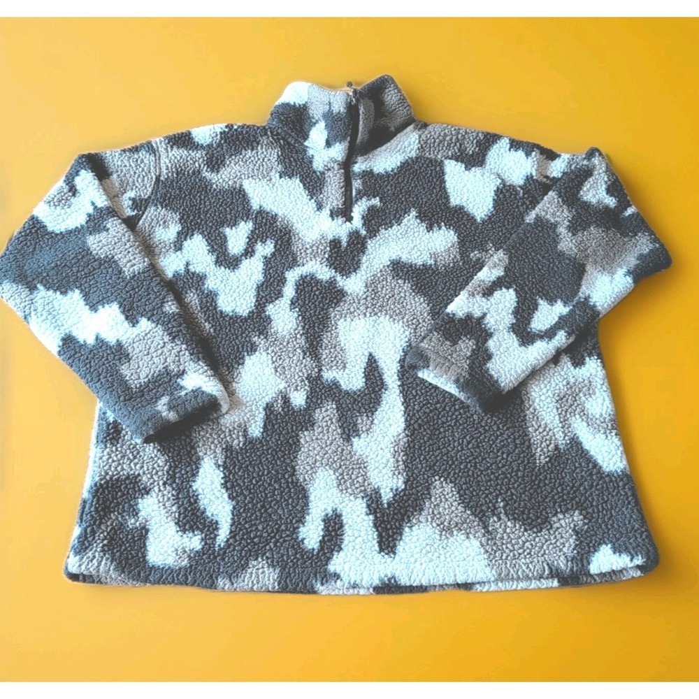 Eddie Bauer camo Pullover soft Fleece 1/4 Zip Jacket Women's L Gray Black  White